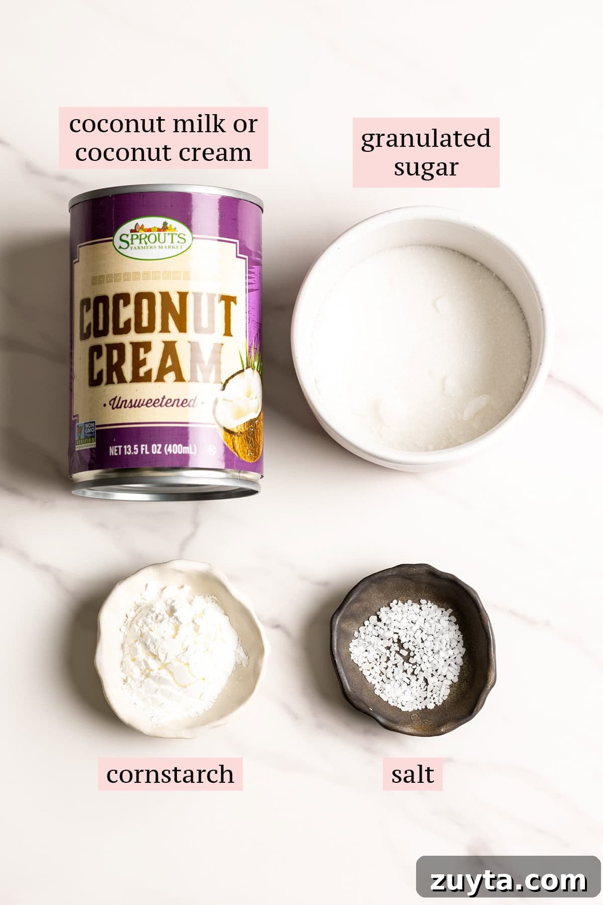 Ingredients for coconut sauce on a white marble surface.