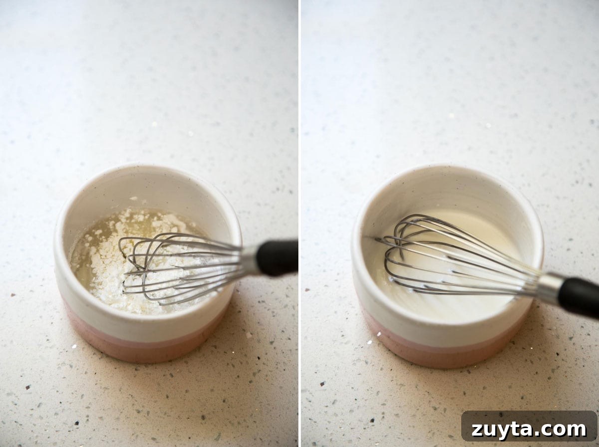Adding cornstarch into coconut milk to make a cornstarch slurry.