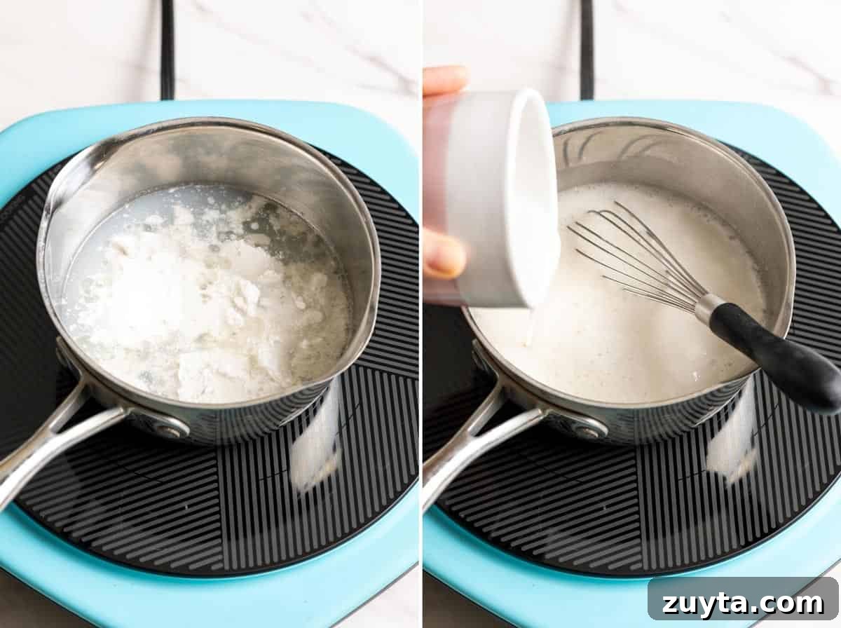 Heating coconut milk and adding cornstarch slurry to make a sauce.