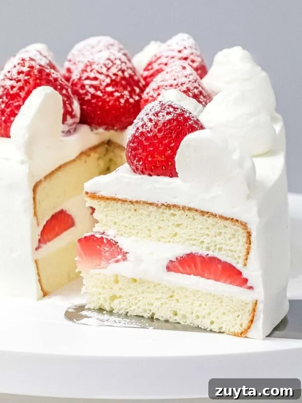 Fluffy Chantilly Cake with Fresh Berries Recipe 13 close up of a slice of layered Japanese strawberry shortcake decorated with whole strawberries dusted with powdered sugar