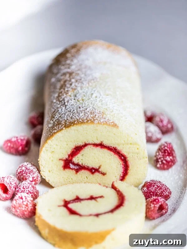 Fluffy Chantilly Cake with Fresh Berries Recipe 14 swiss roll cake with raspberries on white plate
