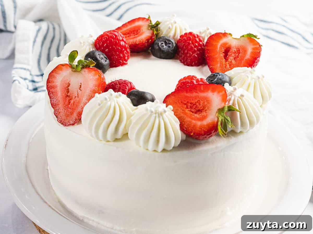 Fluffy Chantilly Cake with Fresh Berries Recipe 10 Fluffy Chantilla cake decorated with berries and mascarpone whipped cream.