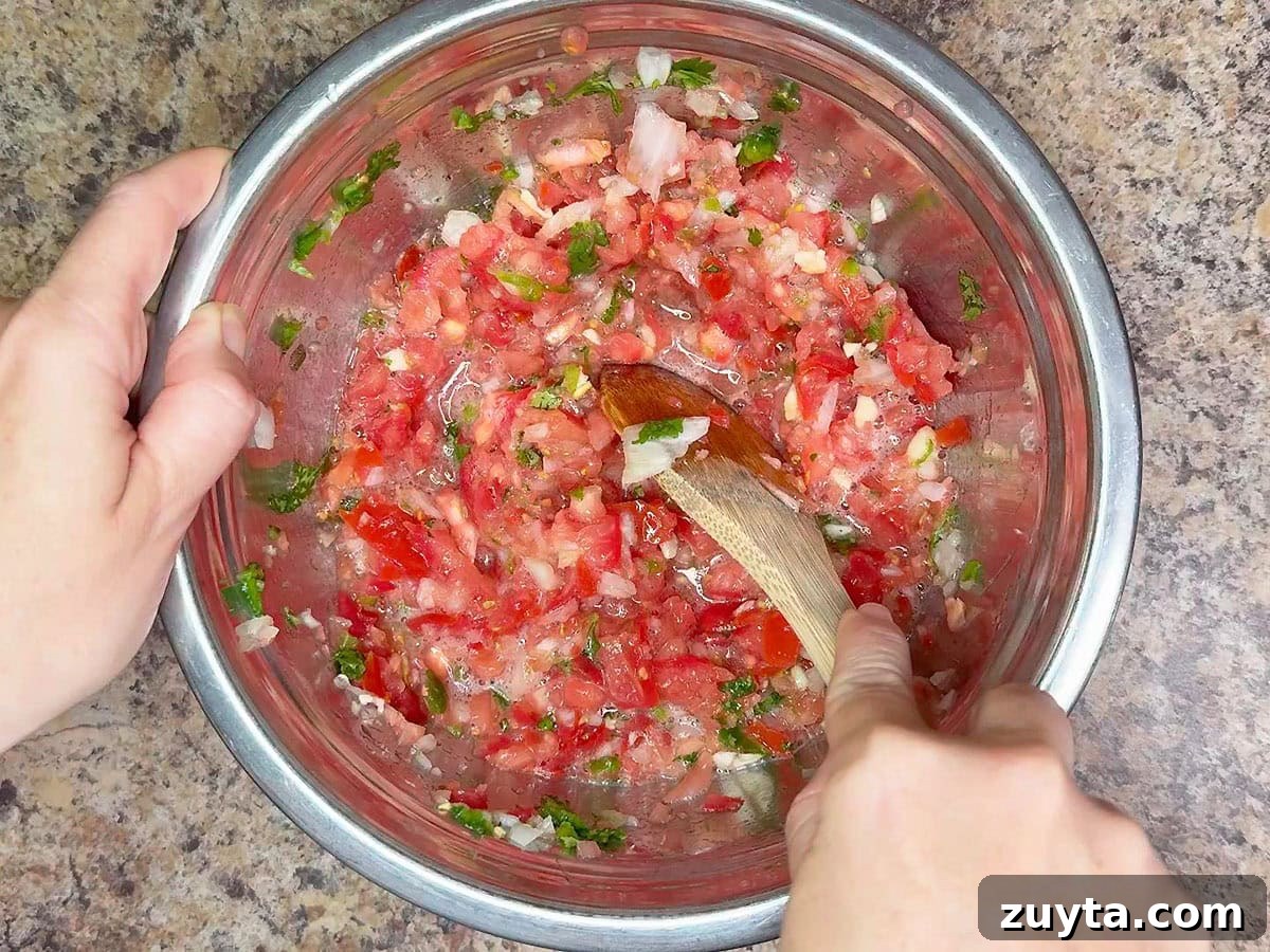 Garden Fresh Salsa Recipe with Tomatoes and Herbs 15 Stirring the chopped salsa vegetables with the sugar, salt and vinegar.
