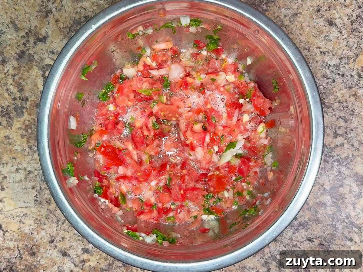 Garden Fresh Salsa Recipe with Tomatoes and Herbs 16 Finished garden salsa in a metal mixing bowl.
