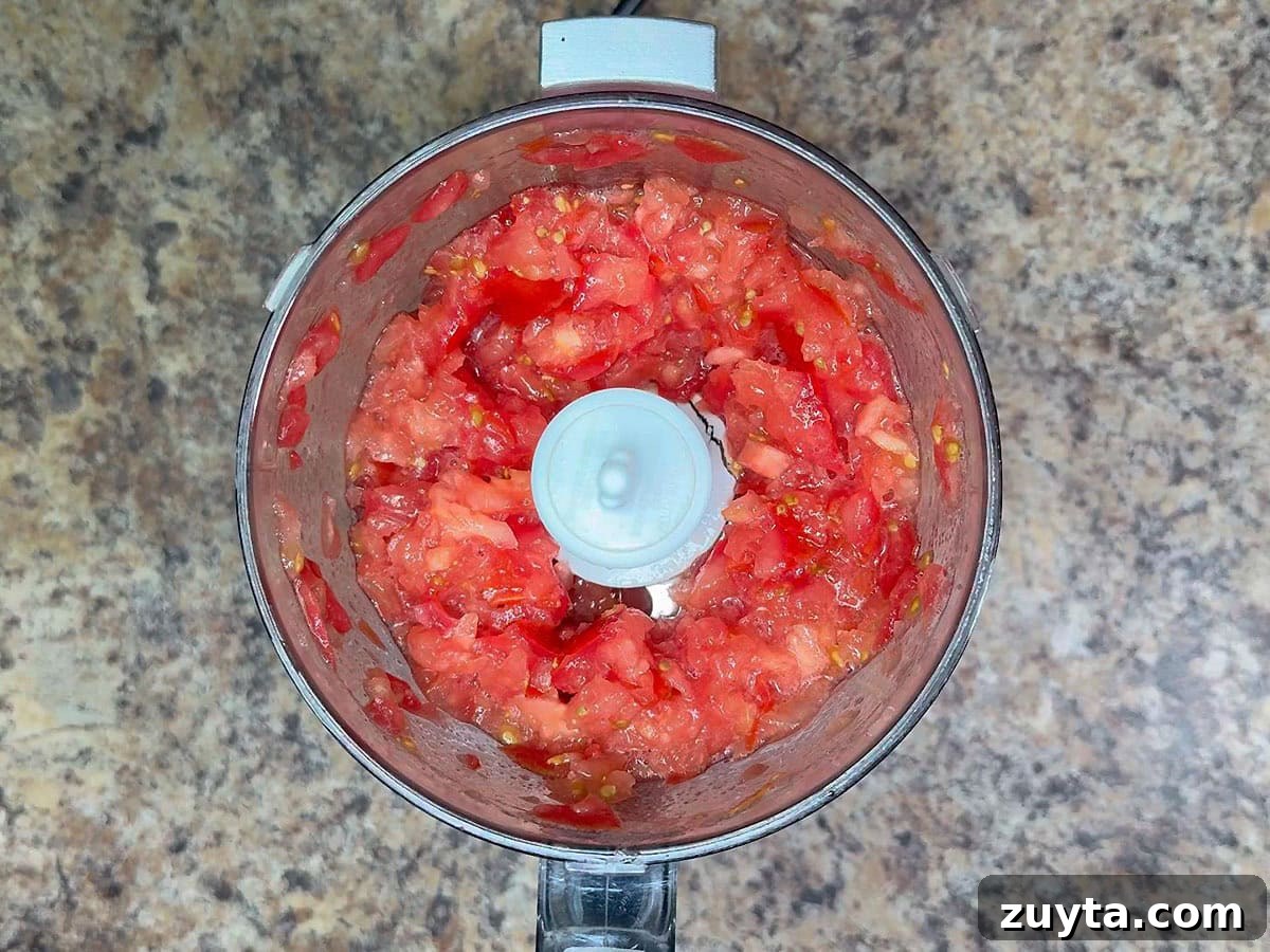 Garden Fresh Salsa Recipe with Tomatoes and Herbs 9 Chopped tomatoes in a food processor.
