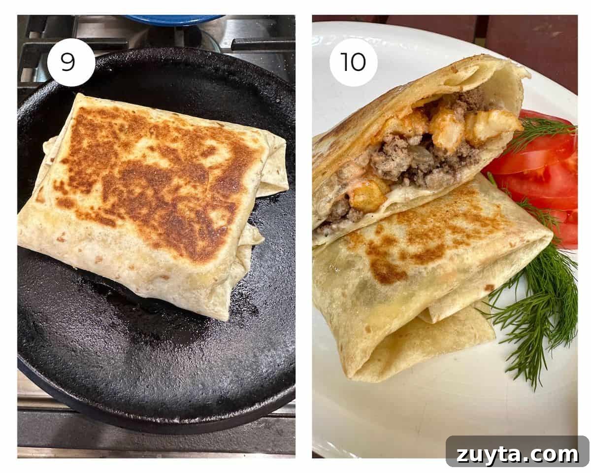 French Tacos Explained: Origins, Ingredients and Where to Try 8 A french taco on a flat iron and on a plate, cut in half with dill and sliced tomato.