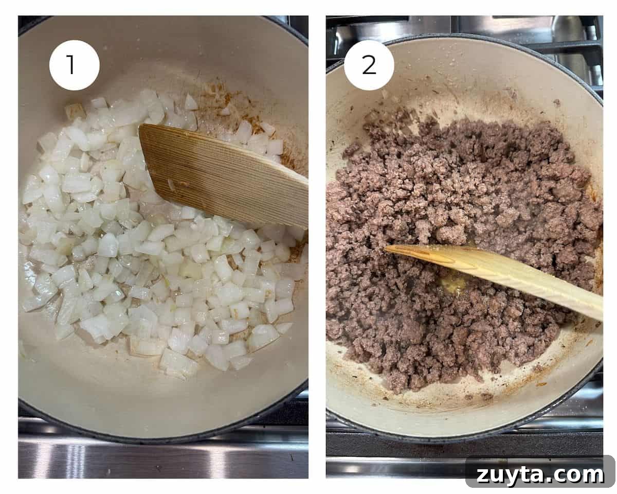 French Tacos Explained: Origins, Ingredients and Where to Try 7 Diced onion and ground beef cooking in a pan on the stove in two separate photos.