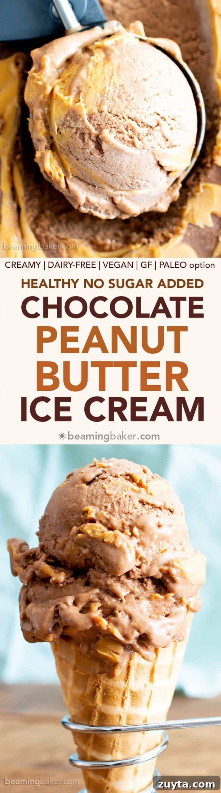Healthy No Sugar Added Chocolate Peanut Butter Ice Cream (V, DF): a super easy, 5-ingredient recipe for the BEST deliciously creamy and chocolatey no churn peanut butter ice cream. #Vegan #DairyFree #IceCream #Paleo option #HealthyDesserts #PeanutButter #NoSugarAdded #Bananas | Recipe at BeamingBaker.com