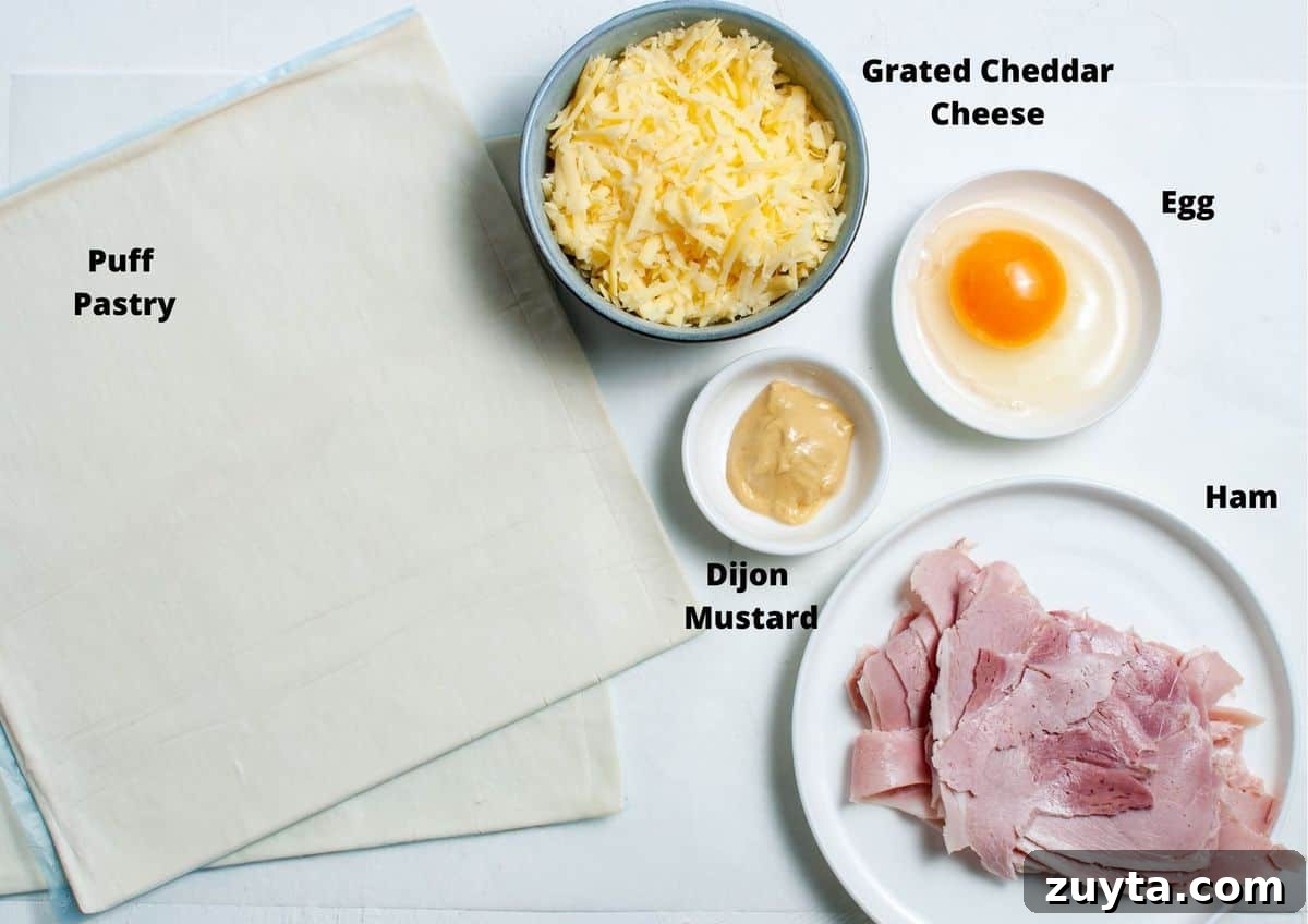 Ham and Cheese Puff Pastry Hearts Recipe 3 ingredients in this recipe on a white background.