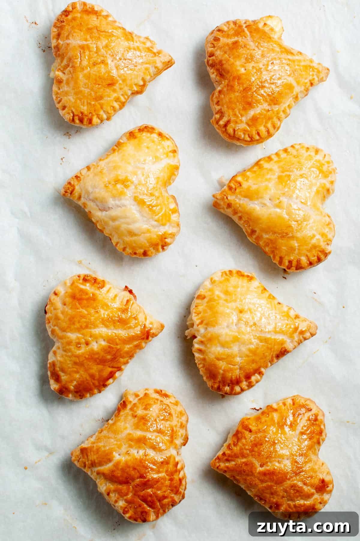 Ham and Cheese Puff Pastry Hearts Recipe 4 eight pastry hearts, having been baked, sitting on a piece of baking parchment.
