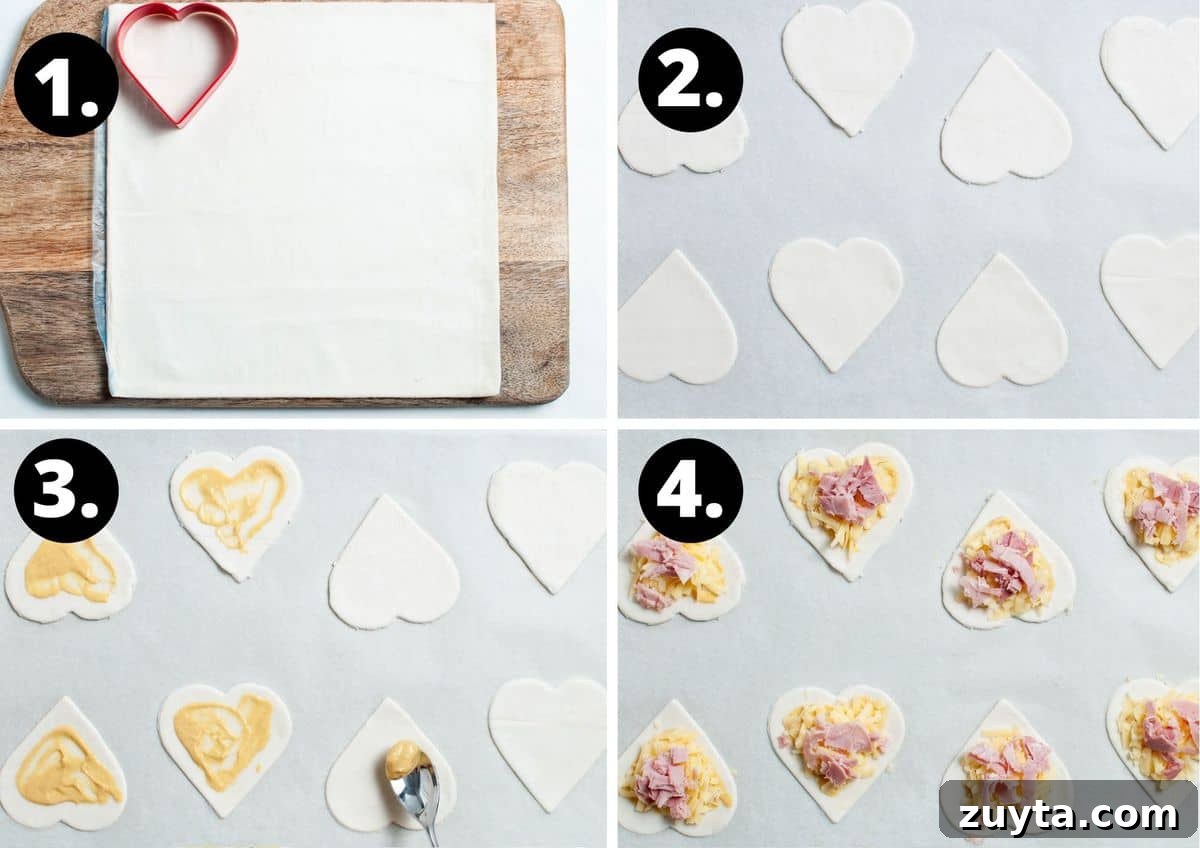 Ham and Cheese Puff Pastry Hearts Recipe 5 The first four steps to make this recipe - a sheet of pastry with a love heart cutter, cut heats on a baking tray, spreading the mustard on the love hearts, and then adding the ham and cheese.