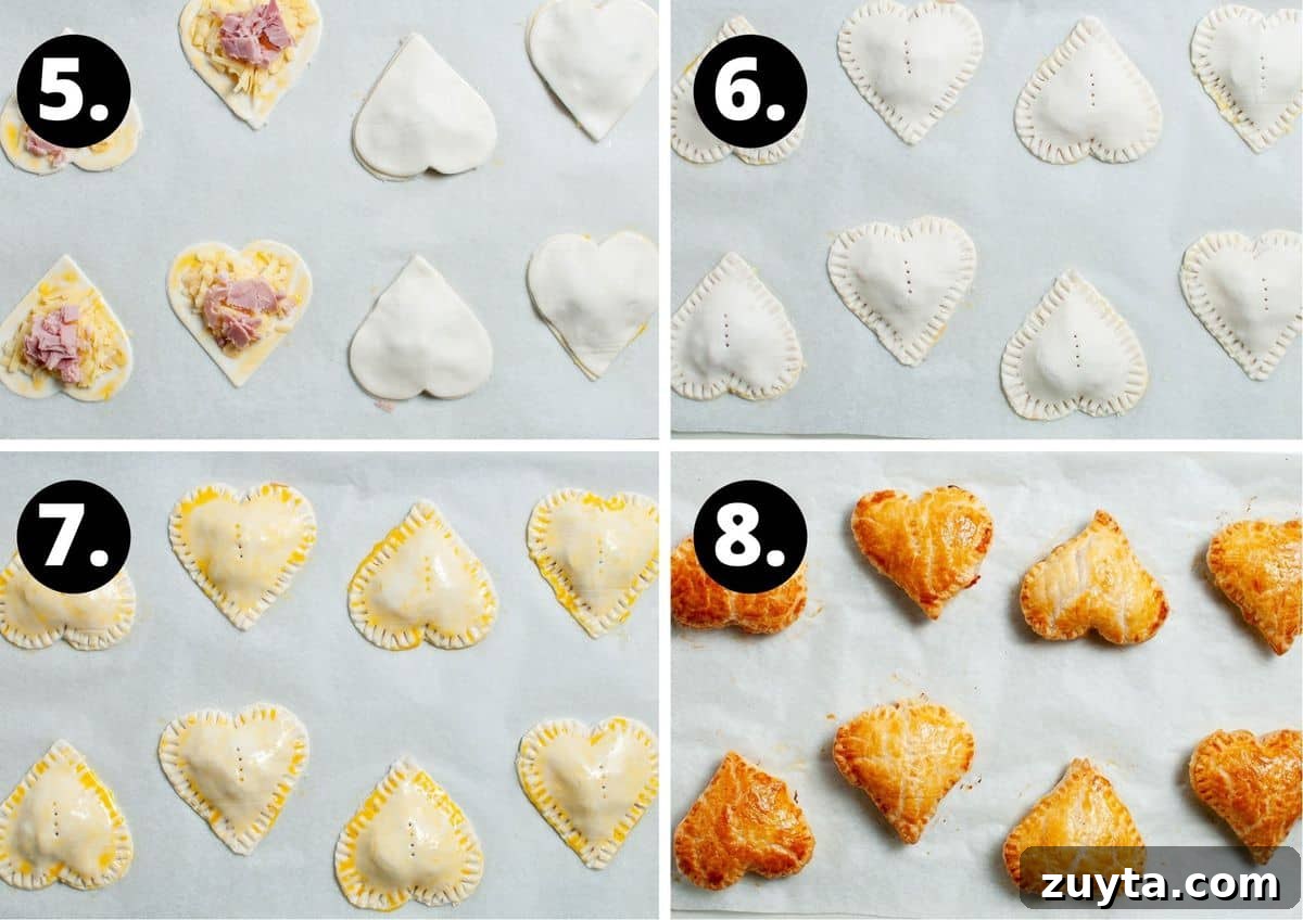 Ham and Cheese Puff Pastry Hearts Recipe 6 The final four steps to make this recipe - adding the other heart to close the pastry, the eight pastries sealed, pastries brushed with egg wash and then the baked pastries.