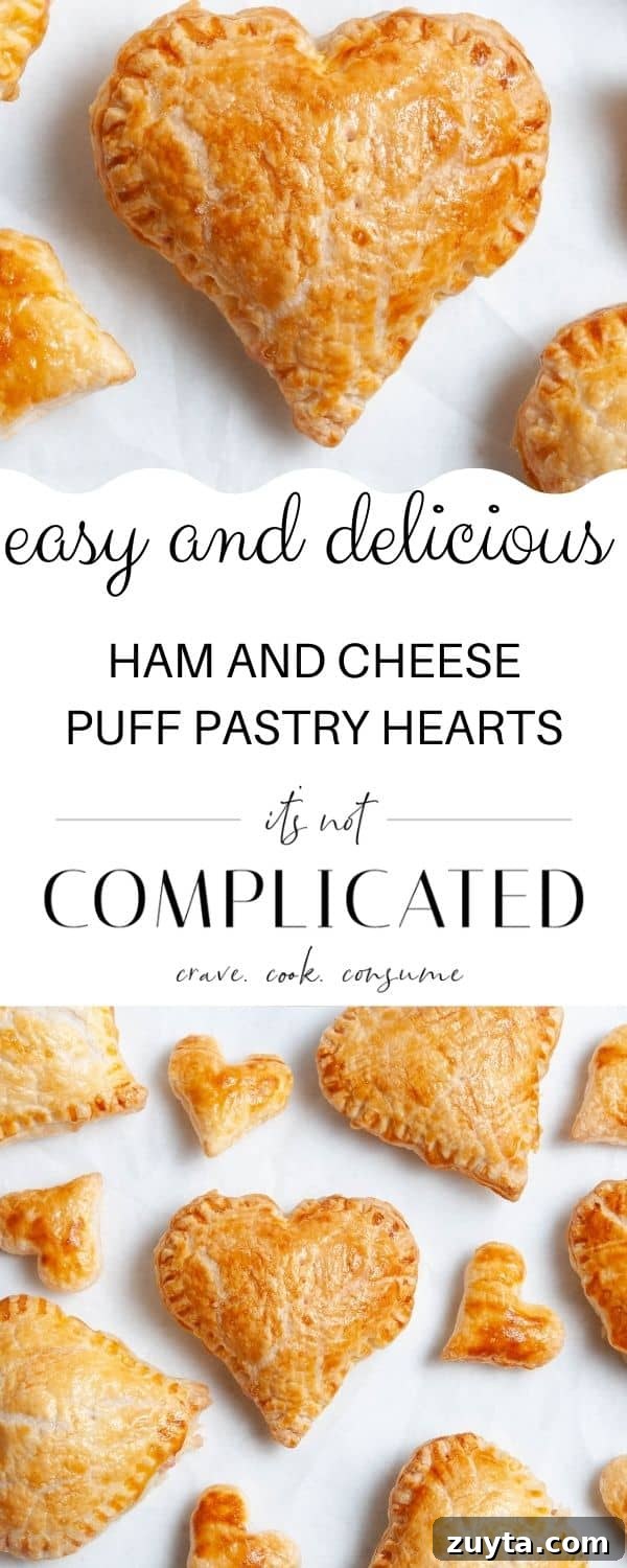 Ham and Cheese Puff Pastry Hearts Recipe 9 pinterest image with photos of recipes top and bottom and text overlay in centre.