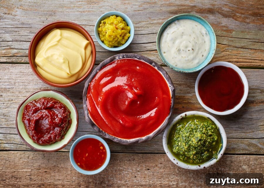 Hot Dog Bar Ideas: Toppings, Themes and Party Setup 5 bowls of condiments and toppings used for a hot dog bar like ketchup, relish, bbq sauce, and mustards.