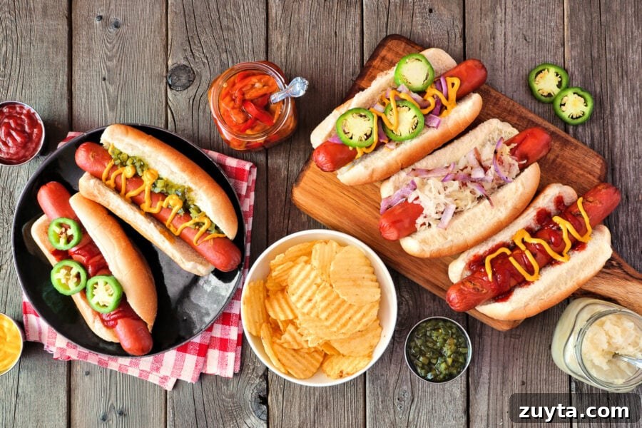 Hot Dog Bar Ideas: Toppings, Themes and Party Setup 6 5 different hot dog combinations assembled.
