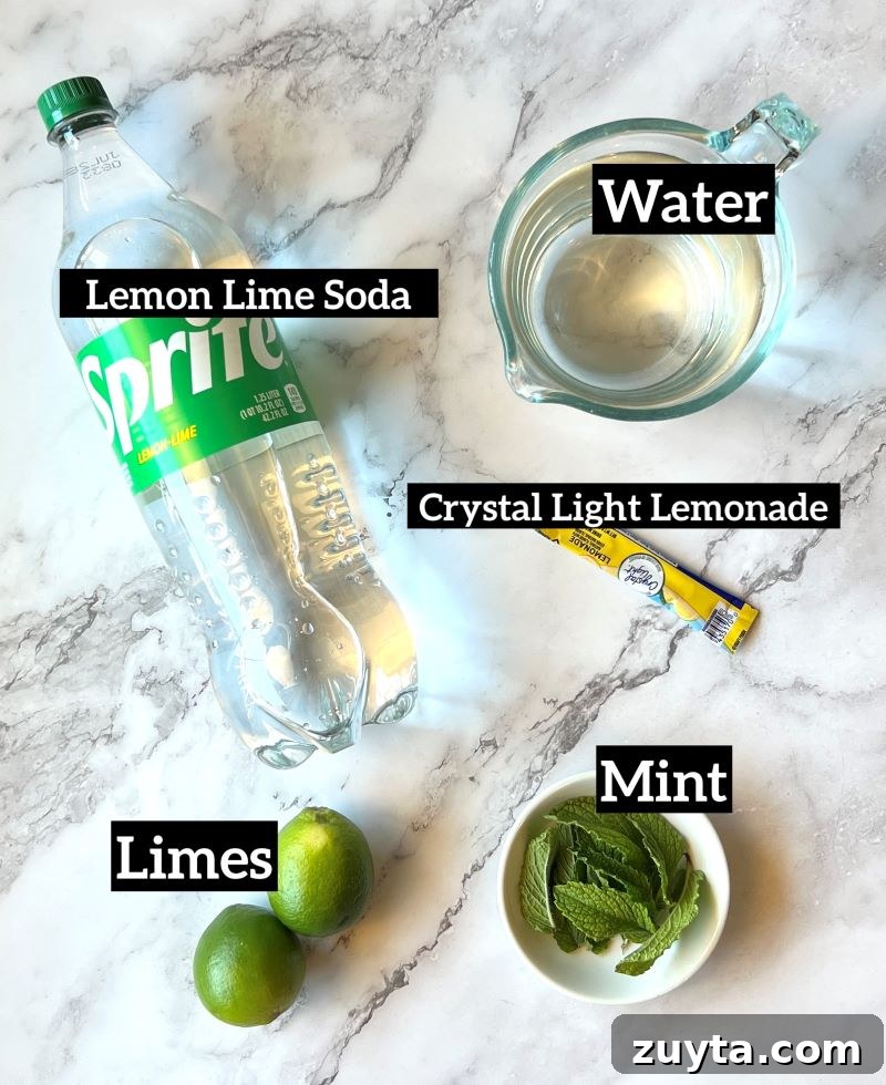 Virgin Mojito Recipe: Mint and Lime Mocktail 2 Ingredients displayed for mojito mocktail. Sprite, water, crystal light lemonade packet, fresh mint, and limes