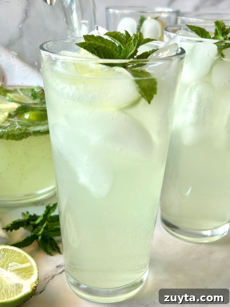 Virgin Mojito Recipe: Mint and Lime Mocktail 6 Tall glass filled with ice and mojito mocktail, garnished with mint and lime.