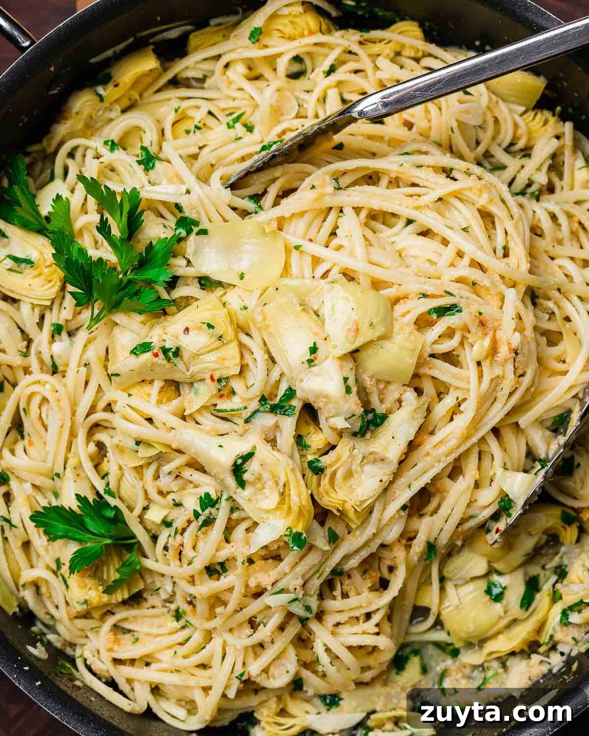 Artichoke Pasta with Crispy Breadcrumbs 2 Overhead shot of pasta with artichoke hearts and breadcrumbs.