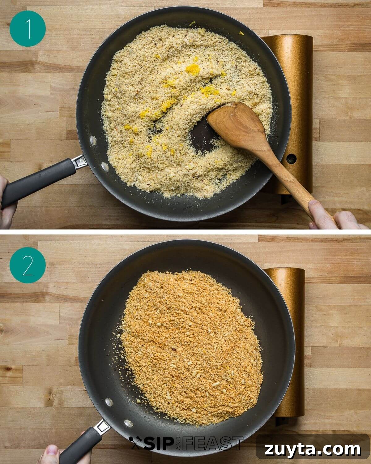Artichoke Pasta with Crispy Breadcrumbs 4 Recipe process: pasta, artichokes, and breadcrumbs in a pan.