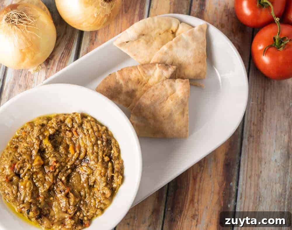 Authentic Creamy Roasted Eggplant Dip: Baba Ganoush Recipe 2 baba ganoush overhead image