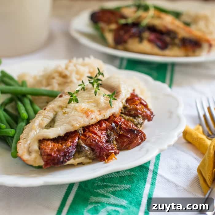 Sun-Dried Tomato Pesto Stuffed Chicken Breast Recipe 3 Sundried Tomato and Pesto Stuffed Chicken Breast on a white plate with basmati rice and green beans