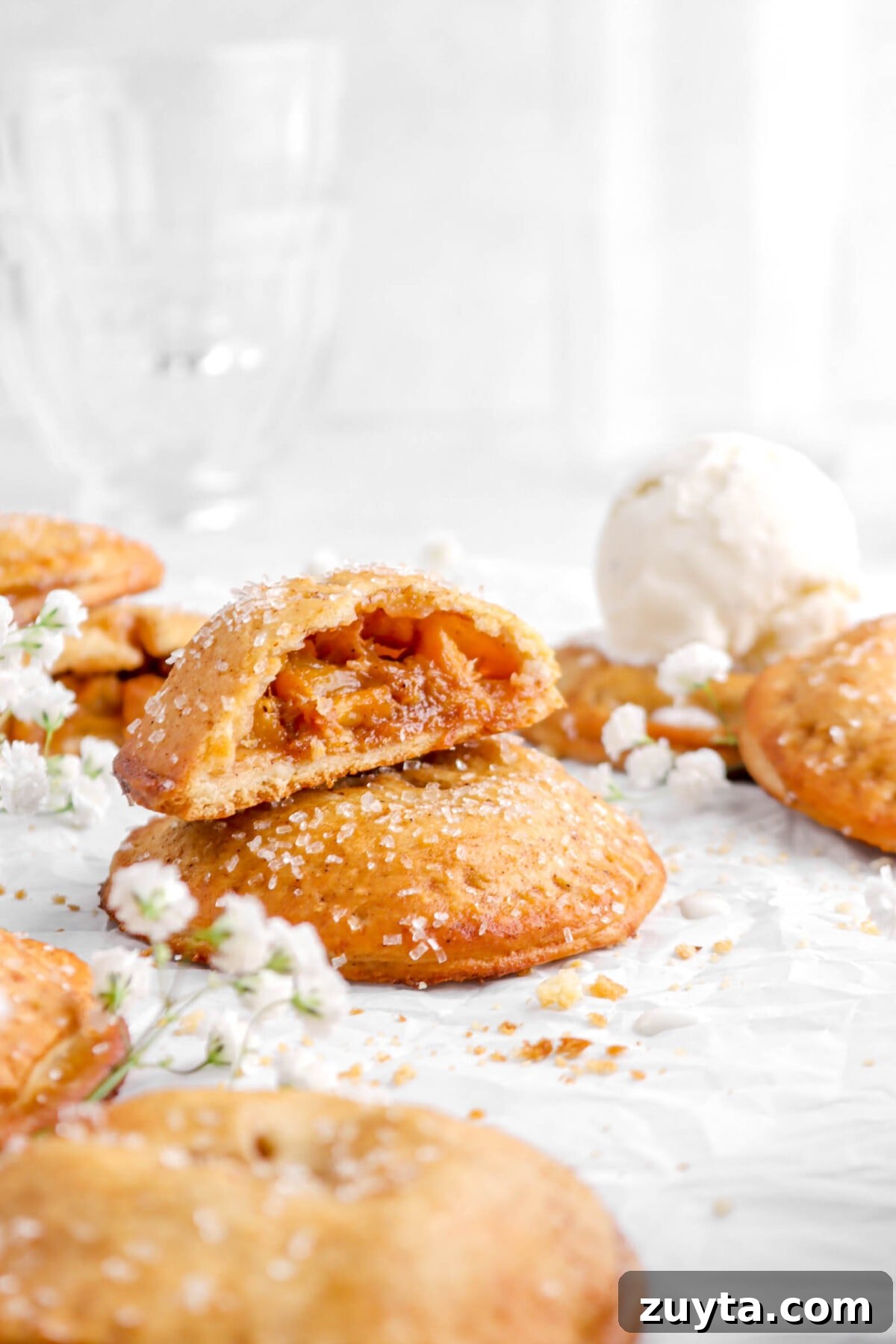 Cinnamon-Spiced Peach Hand Pies Recipe 2 close up of hand pie on parchment paper with half of a hand pie stacked on top, more hand pies around, crumbs, and white flowers around
