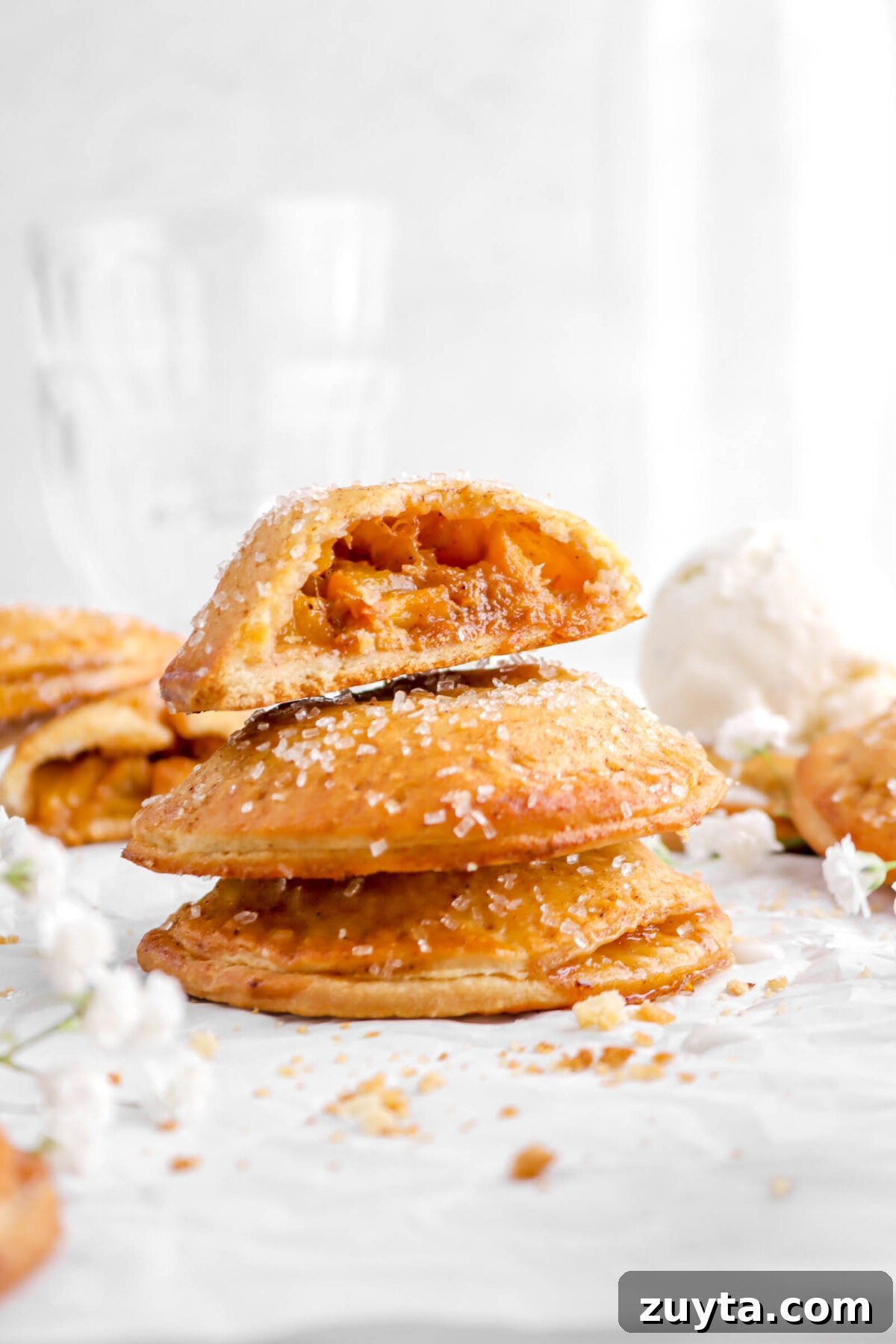 Cinnamon-Spiced Peach Hand Pies Recipe 14 close up of three stacked hand pies on parchment paper with one cut in half