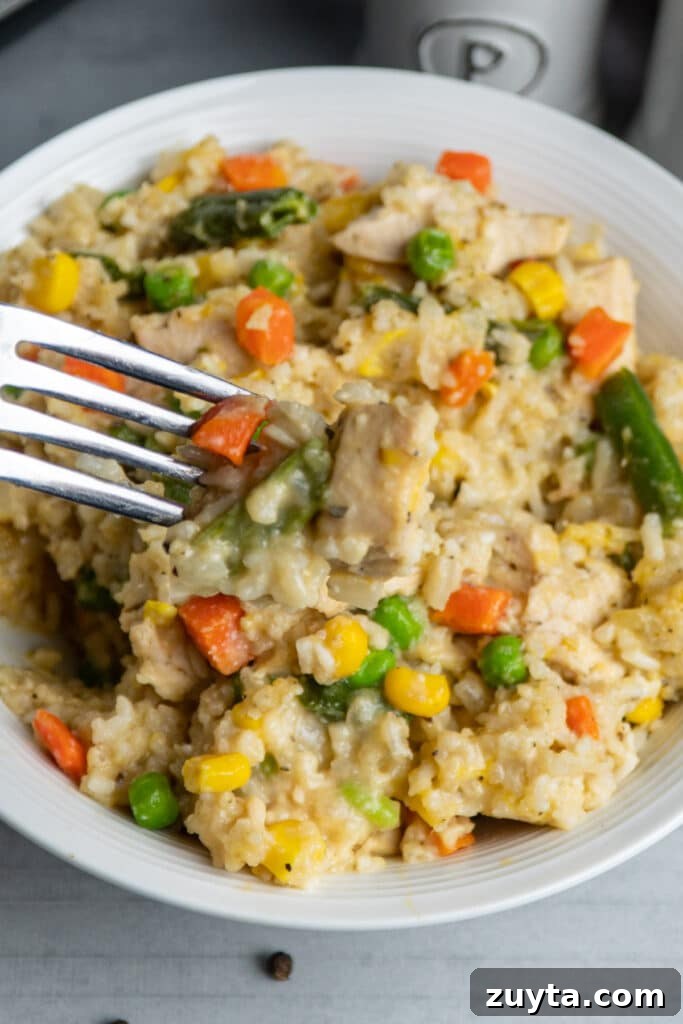 Slow Cooker Chicken and Rice with Frozen Vegetables 3 Slow cooker chicken and rice in a white bowl with a bite of it on fork.