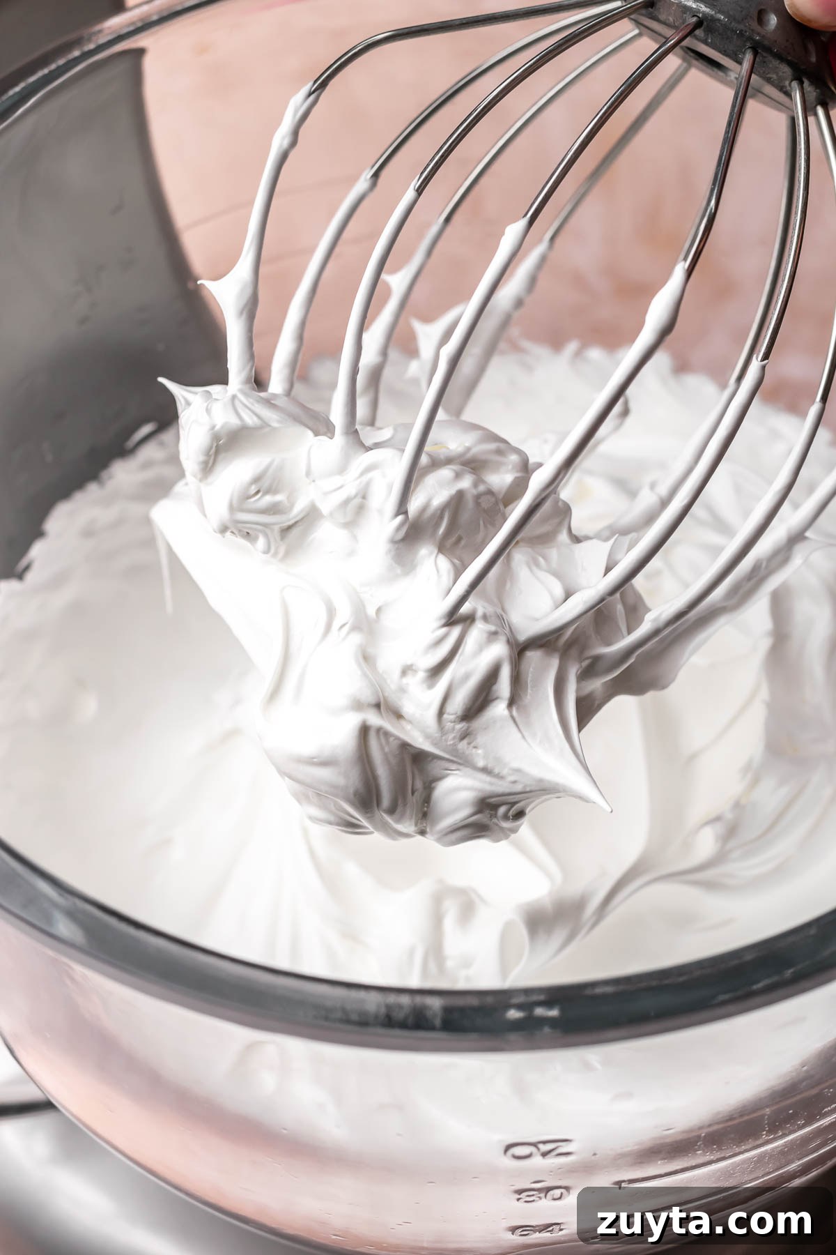 Silky Chocolate Swiss Meringue Buttercream Recipe 5 Whipped swiss meringue on the tip of a whisk.