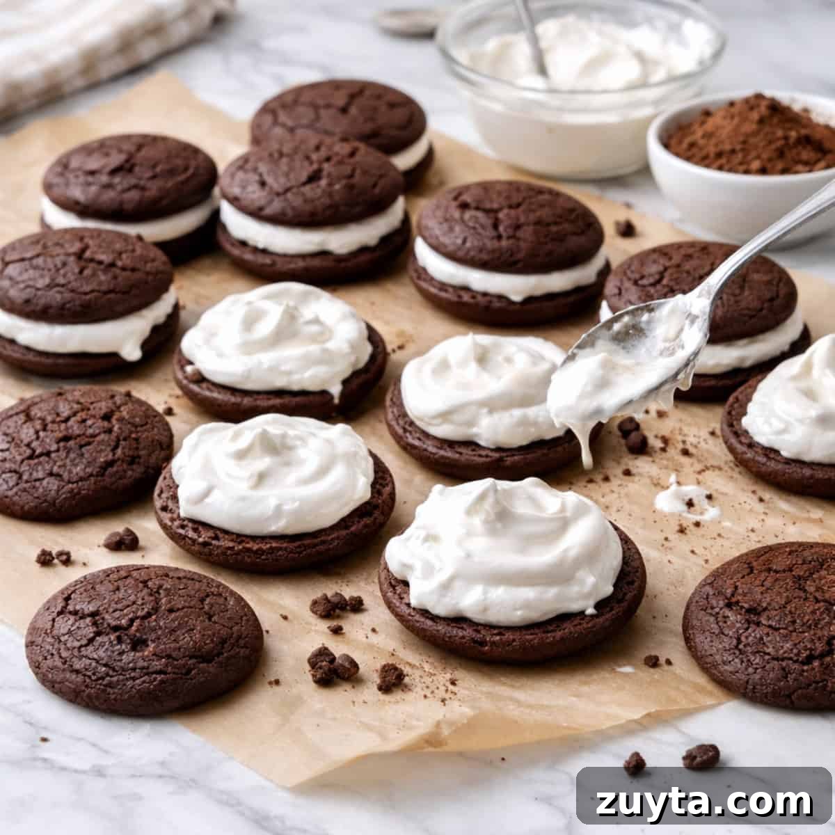 Chocolate Whoopee Pies being filled with marshmallow creme on parchment paper.