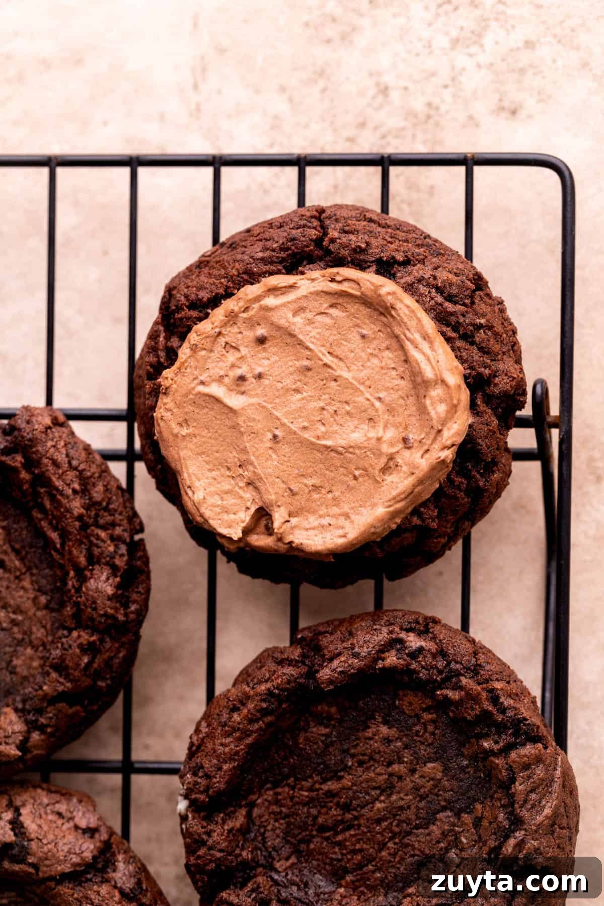 Chocolate pie filling on top of cookie.