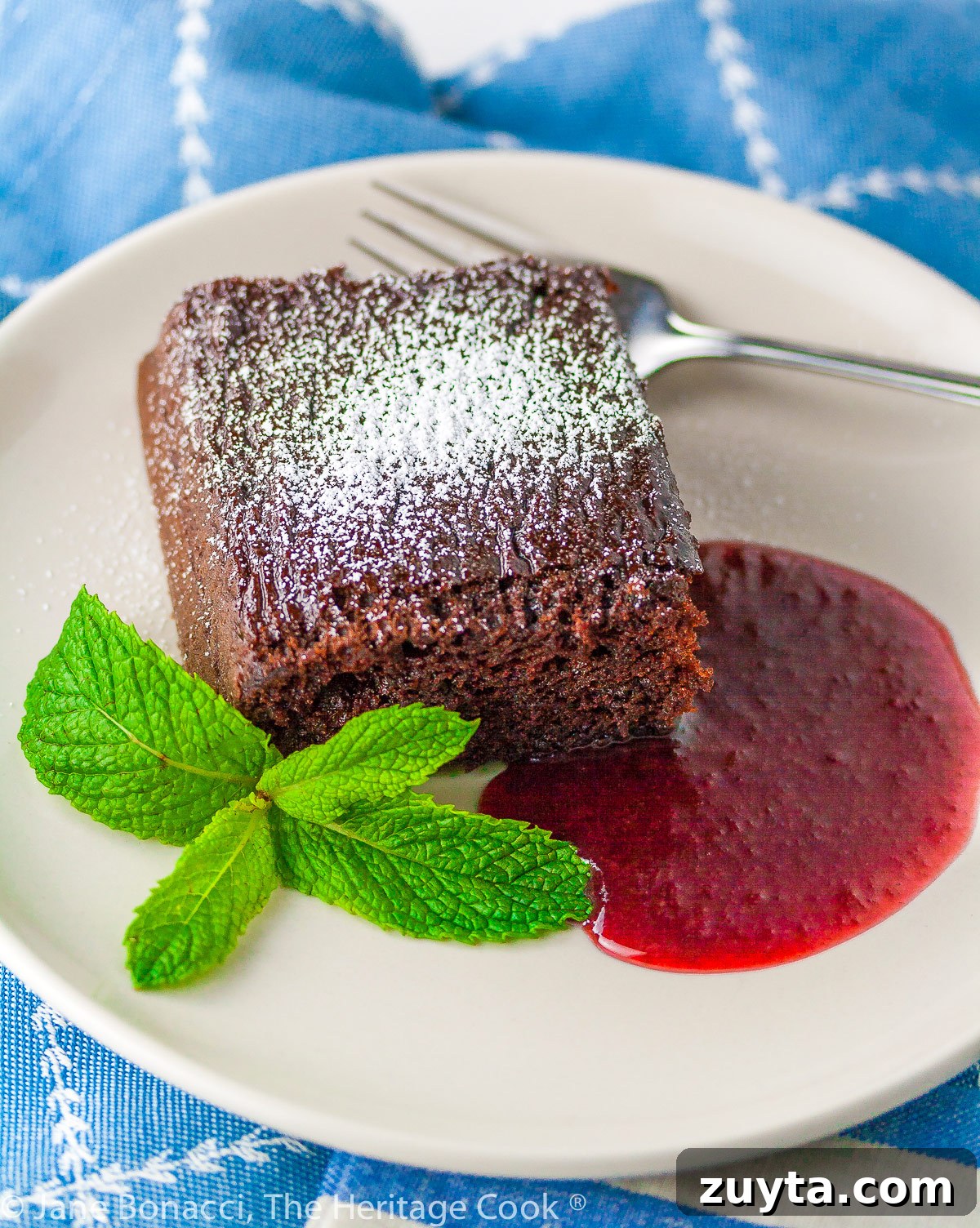 Gluten-Free Chocolate Cake with Raspberry Sauce 2 Square slice of chocolate cake surrounded by red raspberry sauce on a white plate with a mint sprig on blue background; Luscious Chocolate Cake with Raspberry Sauce © 2023 Jane Bonacci, The Heritage Cook.