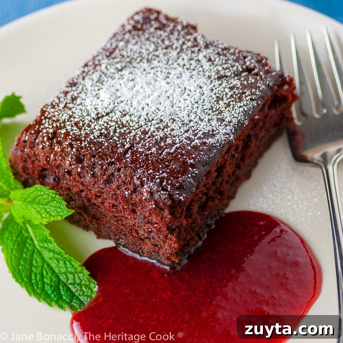 Gluten-Free Chocolate Cake with Raspberry Sauce 5 Square slice of chocolate cake surrounded by red raspberry sauce on a white plate with a mint sprig on blue background; Luscious Chocolate Cake with Raspberry Sauce © 2023 Jane Bonacci, The Heritage Cook.