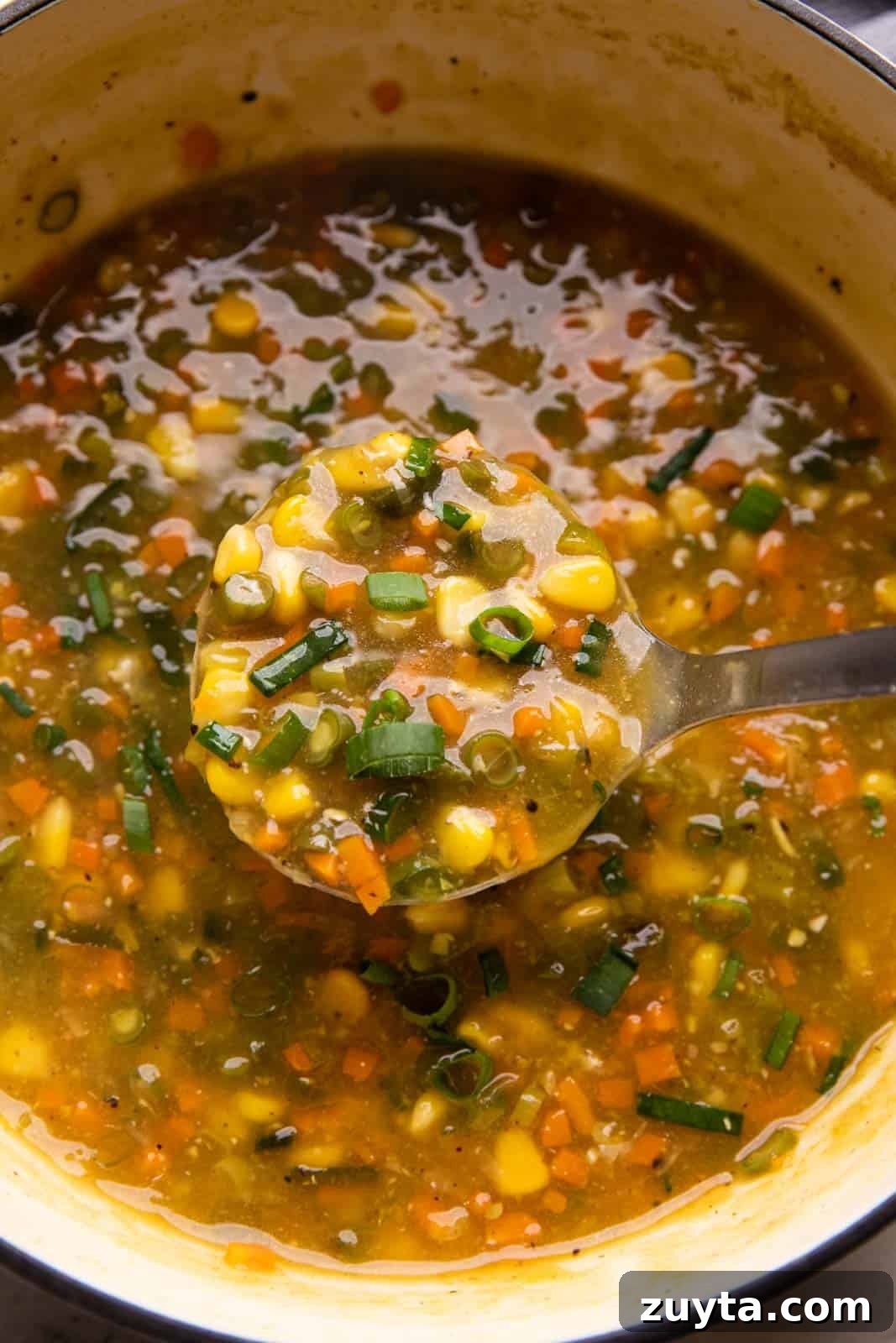 Creamy Vegetarian Sweet Corn Soup Recipe 3 Ladleful of soup straight from the pot