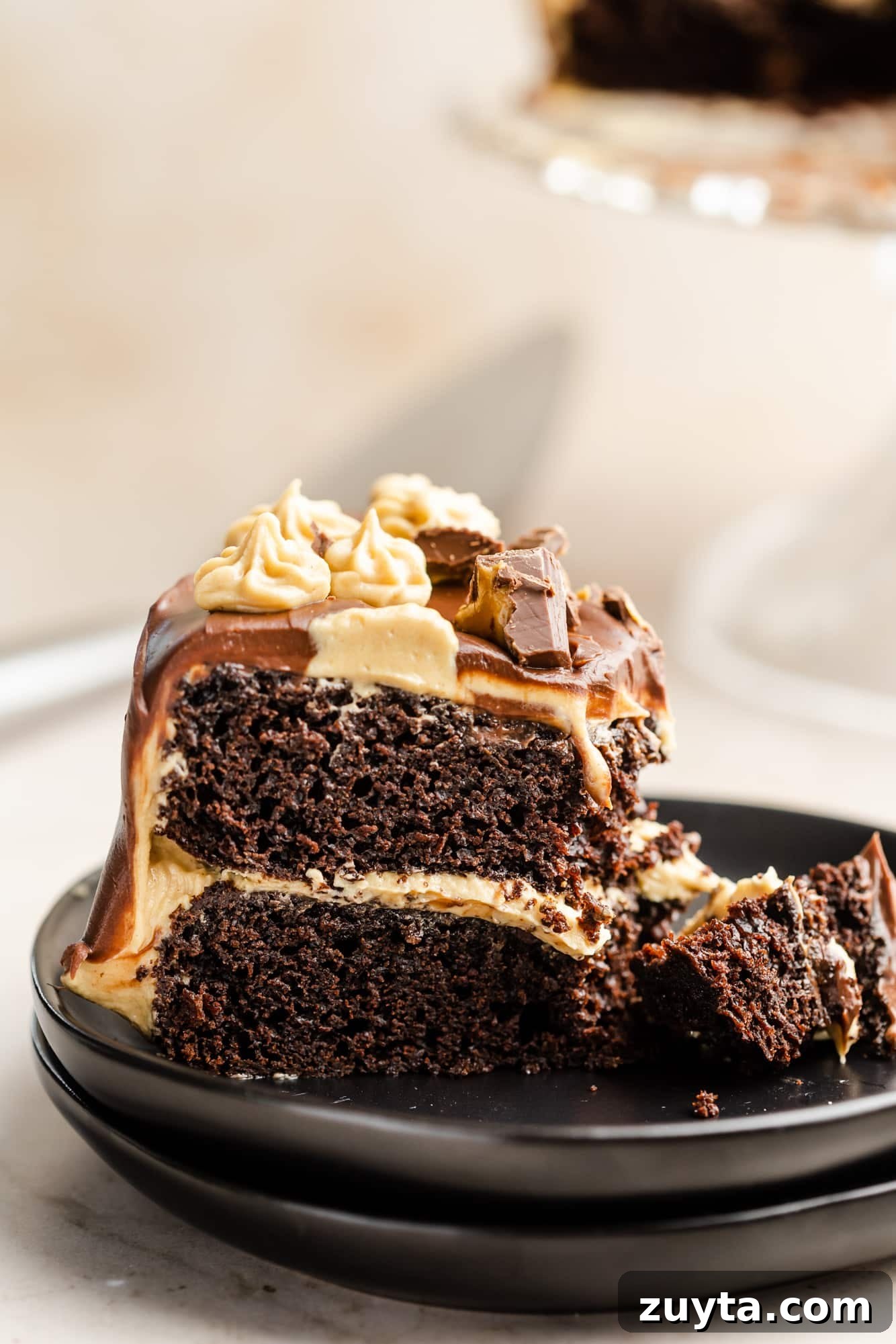 close up on a slice of chocolate peanut butter cake on a black plate.