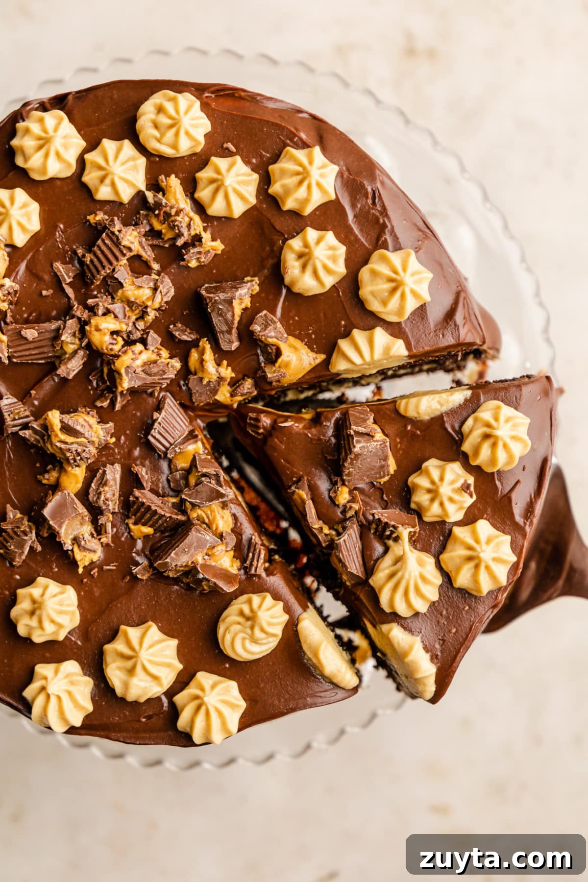lifting a slice of chocolate peanut butter cake from the whole cake.