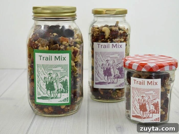 Over 60 Free Printable Labels for Home Organization 11 trail mix label design on various jars