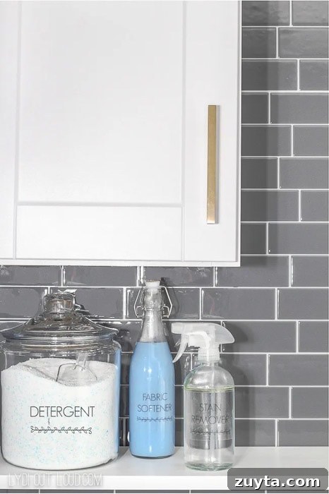 Over 60 Free Printable Labels for Home Organization 16 labeled laundry products on a white shelf