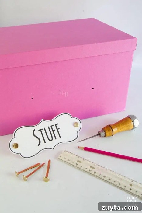 Over 60 Free Printable Labels for Home Organization 6 using brads to attach free printable labels to box