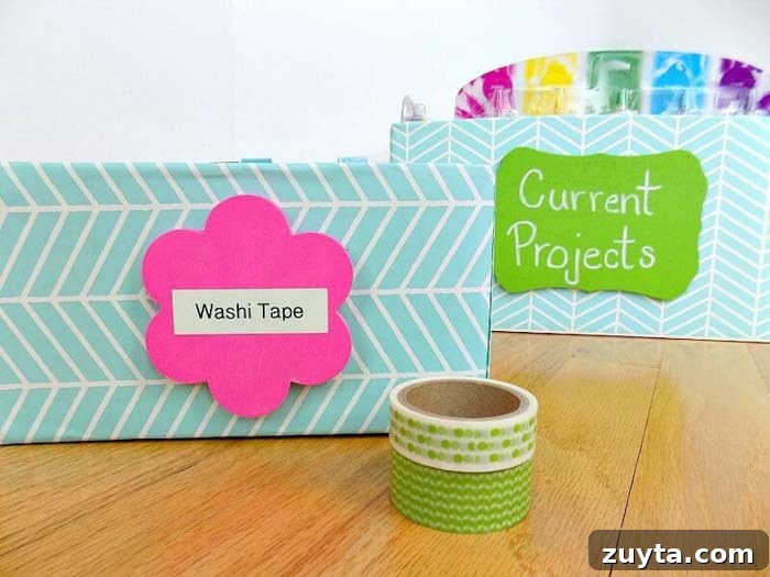 Over 60 Free Printable Labels for Home Organization 7 pink and lime green wooden labels on a box