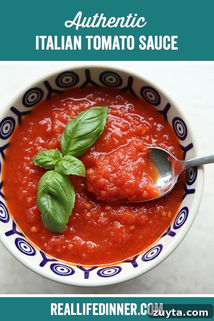Authentic Italian Tomato Sauce Recipe from Scratch 12 Pinterest picture with the text of the title of the recipe at the top.