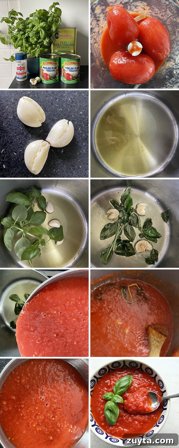 Authentic Italian Tomato Sauce Recipe from Scratch 3 10-Photo picture collage of how to make authentic Italian tomato sauce.