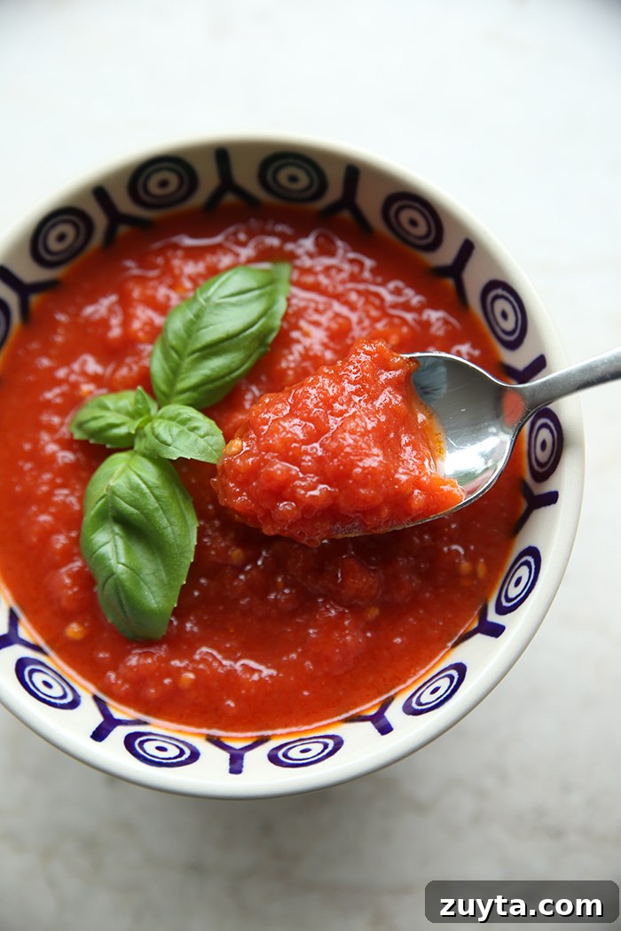 Italian tomato sauce in a white bowl with a dark blue and circles pattern topped with basil leaves and a spoon held above with sauce on it.