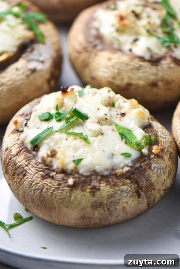 Baked mushrooms stuffed with Boursin cheese topped with parsley on a gray plate.