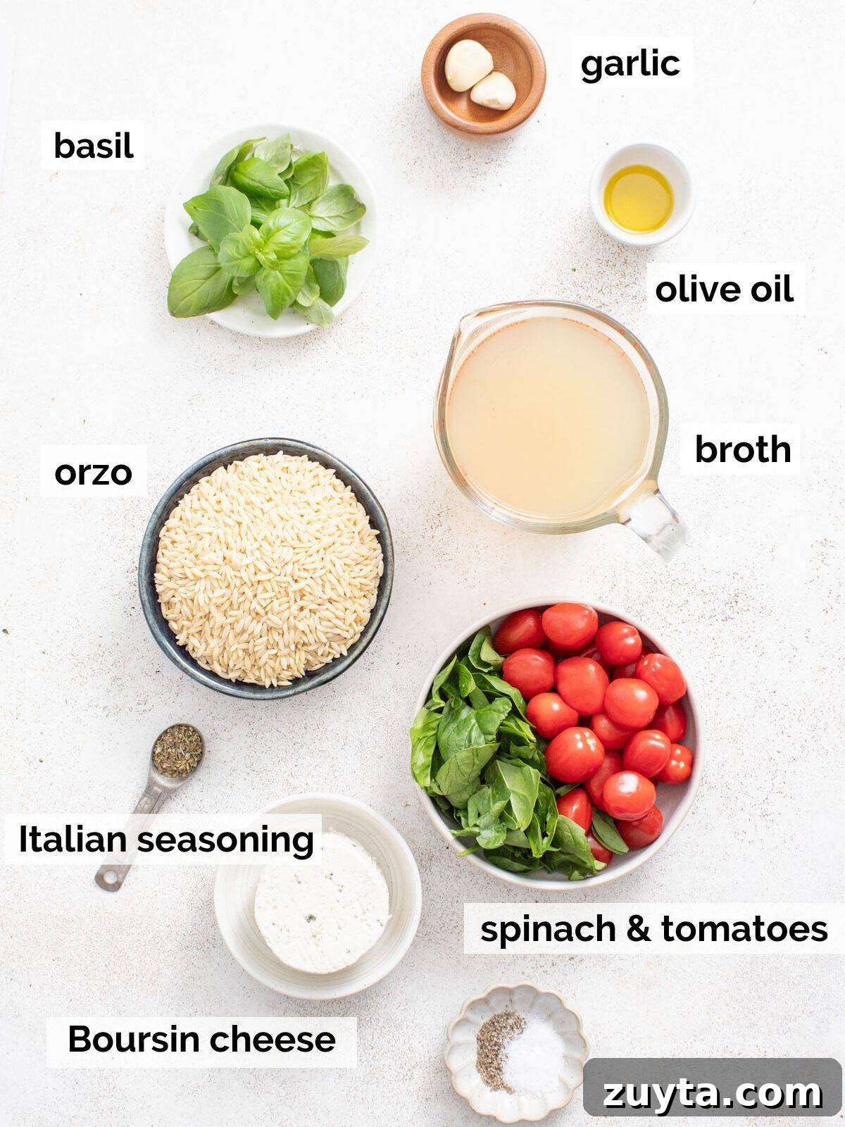 Creamy Boursin Orzo Bake Recipe 3 Boursin orzo ingredients on a white background.