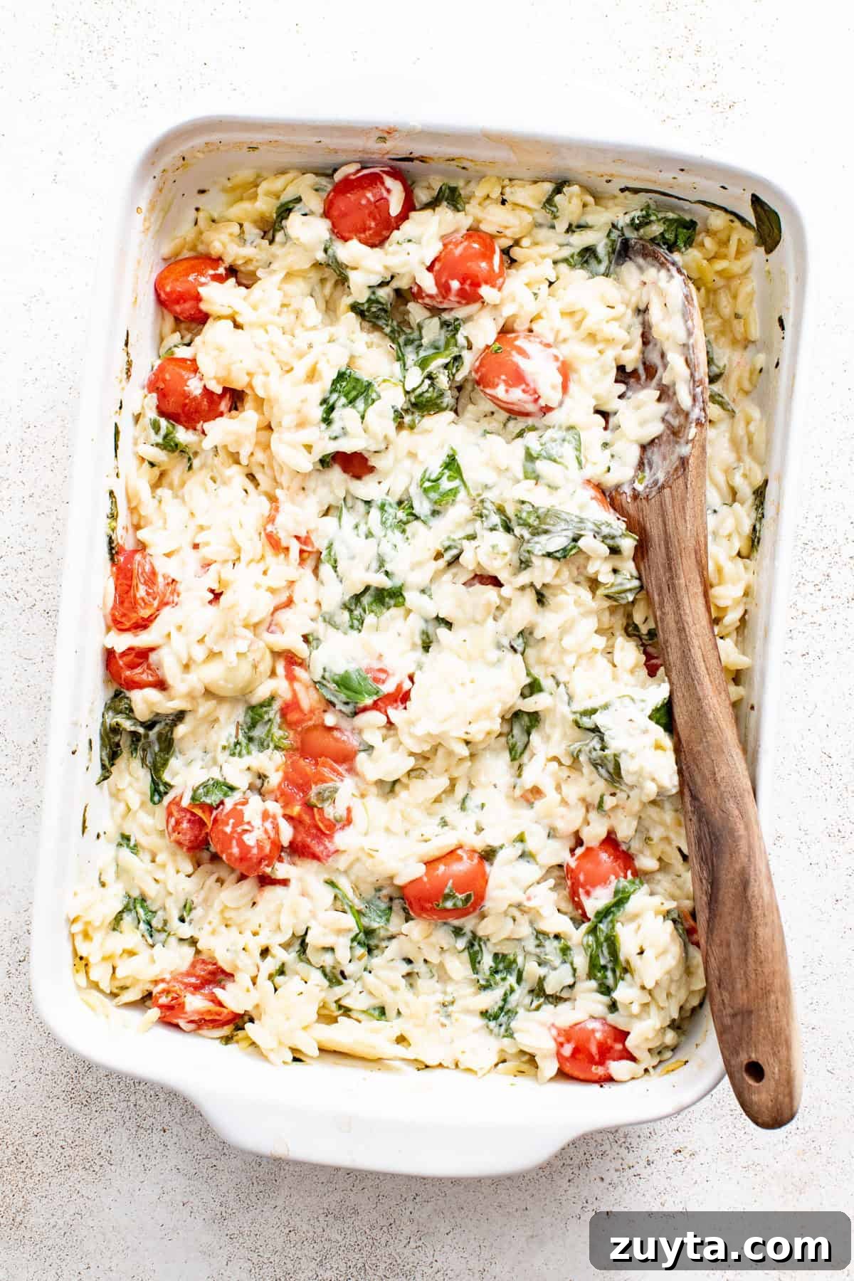 Creamy Boursin Orzo Bake Recipe 7 Boursin baked orzo after being baked and stirred with a spoon.