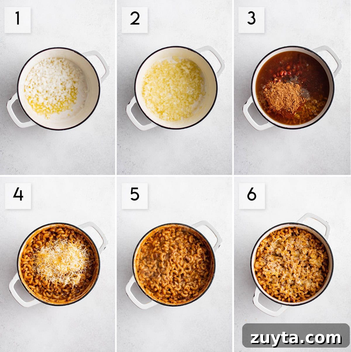 Vegetarian Taco Mac and Cheese 3 six panel collage image showing how to make meatless taco mac & cheese
