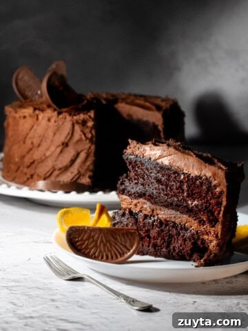 Chocolate orange cake on a white plate with a slice in the foreground.