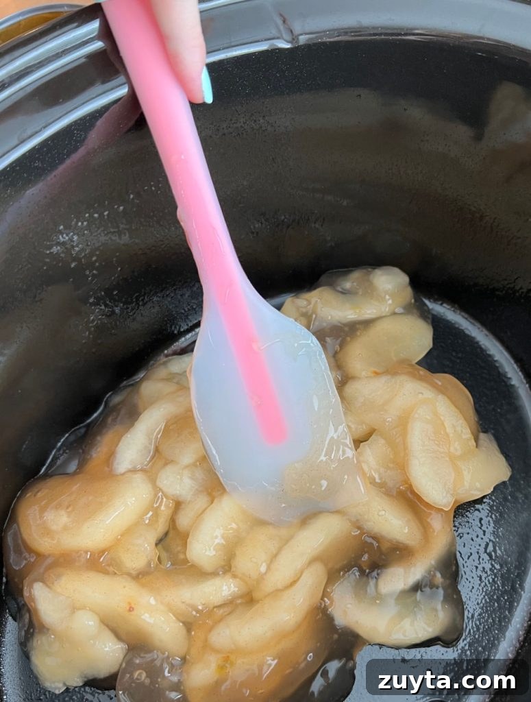 spread apple pie filling in bottom of slow cooker