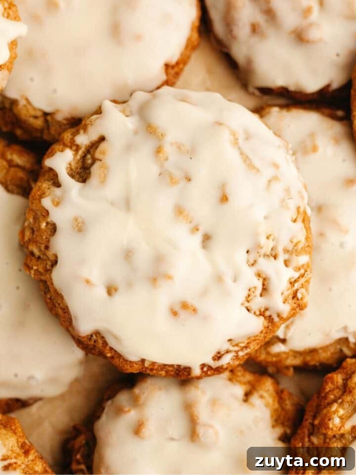 A close up of glazed cardamom oatmeal cookies.